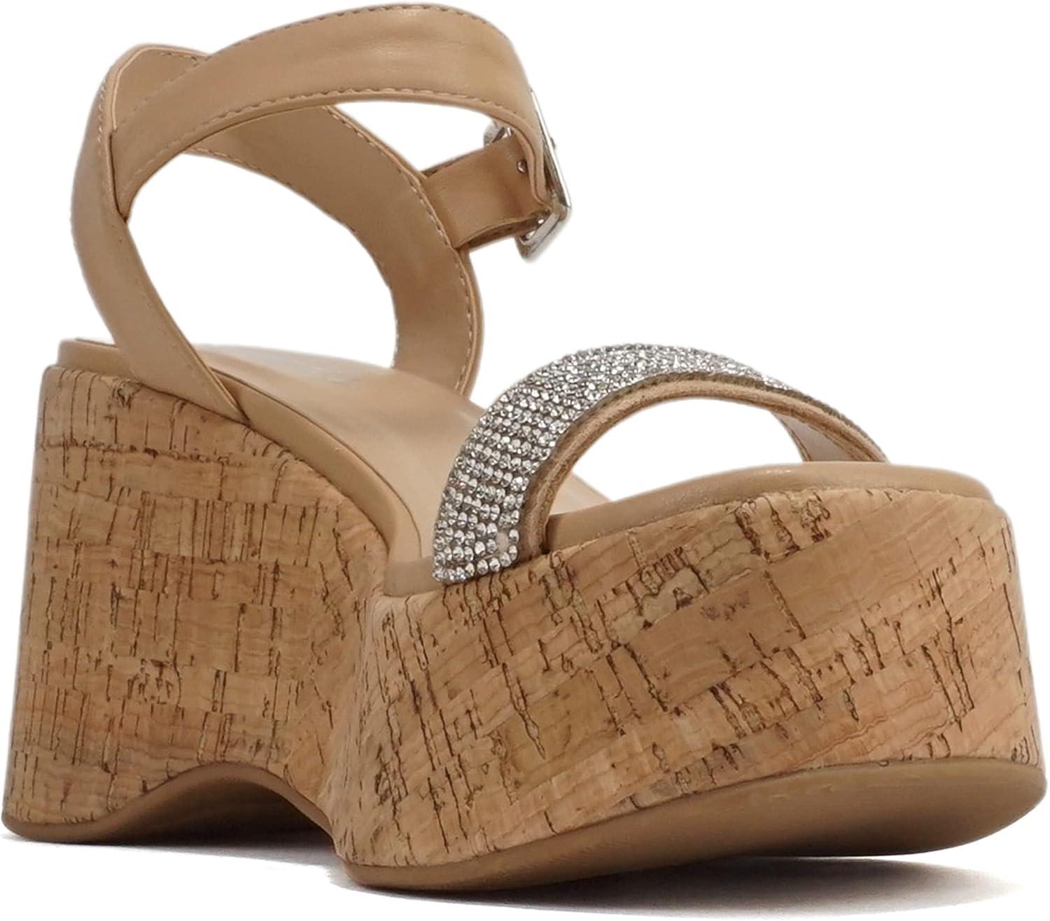 imageSoda FRAYA  Women Open Square Toe Platform Flatform Rhinestone Single Band Ankle Strap Wedge SandalDark Natural Cork