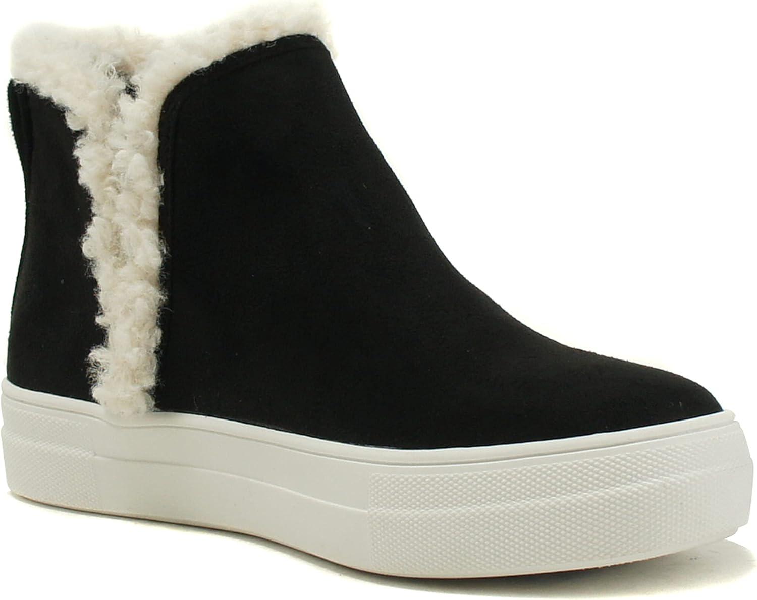 imageSoda Figure Womens Faux Fur Trim Fashion High Top Slip On Sneaker BootieBlack