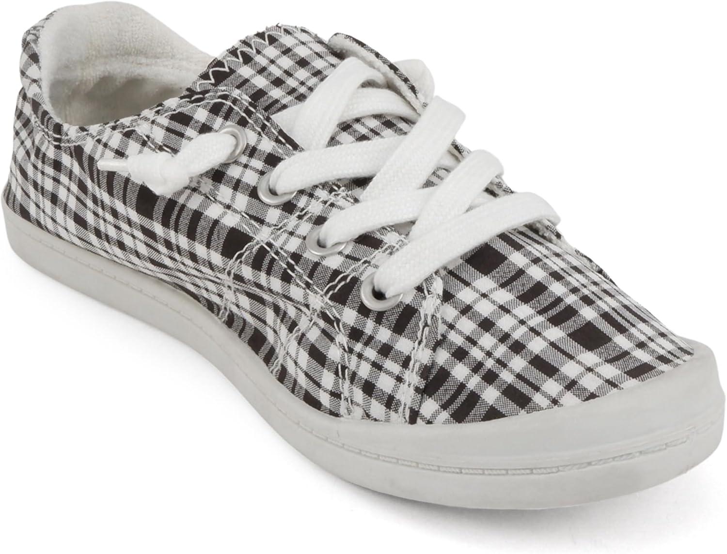 imageSoda Flat Women Shoes Linen Canvas Slip On Sneakers Lace Up Style Loafers ZigSBlackWhite Plaid