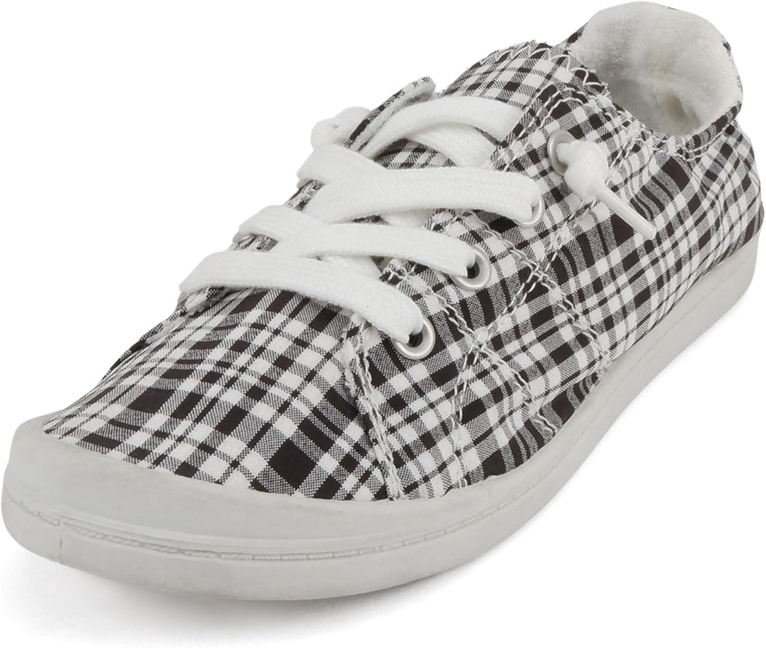 imageSoda Flat Women Shoes Linen Canvas Slip On Sneakers Lace Up Style Loafers ZigSBlackWhite Plaid
