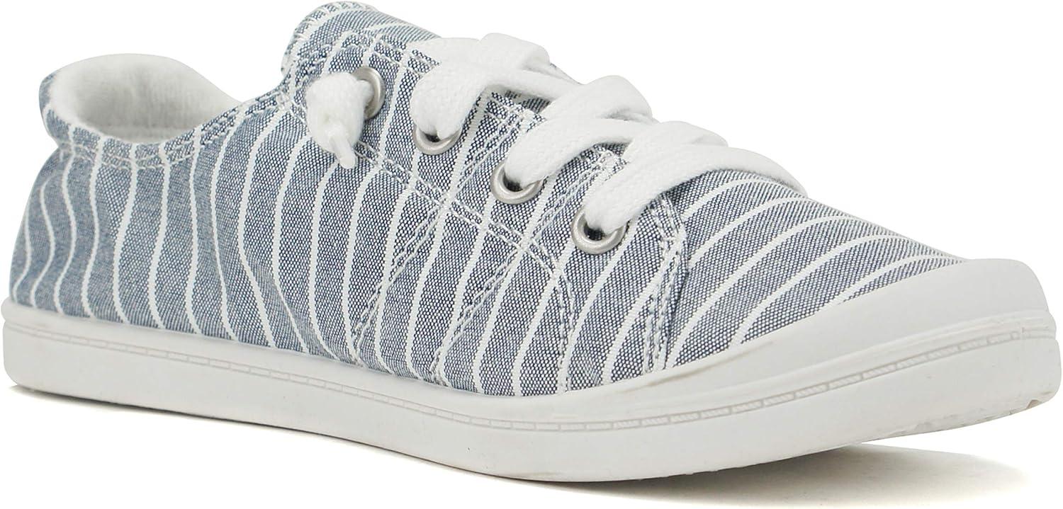 imageSoda Flat Women Shoes Linen Canvas Slip On Sneakers Lace Up Style Loafers ZigSBlue Stripe