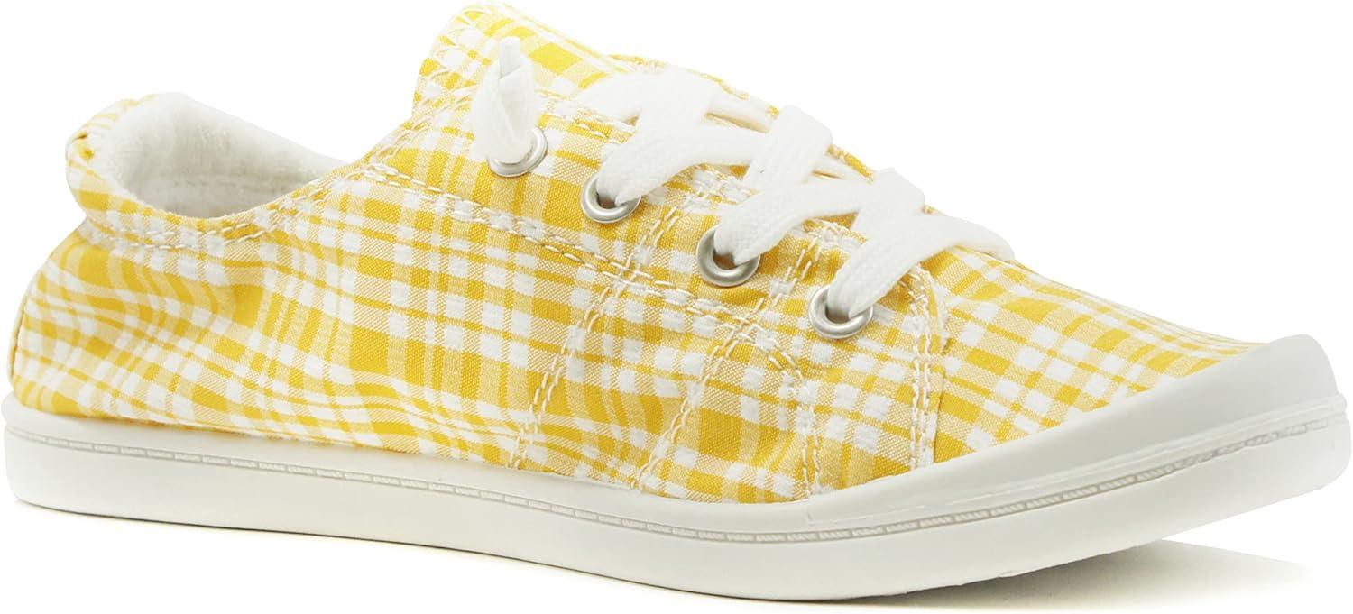 imageSoda Flat Women Shoes Linen Canvas Slip On Sneakers Lace Up Style Loafers ZigSMustardWhite Plaid