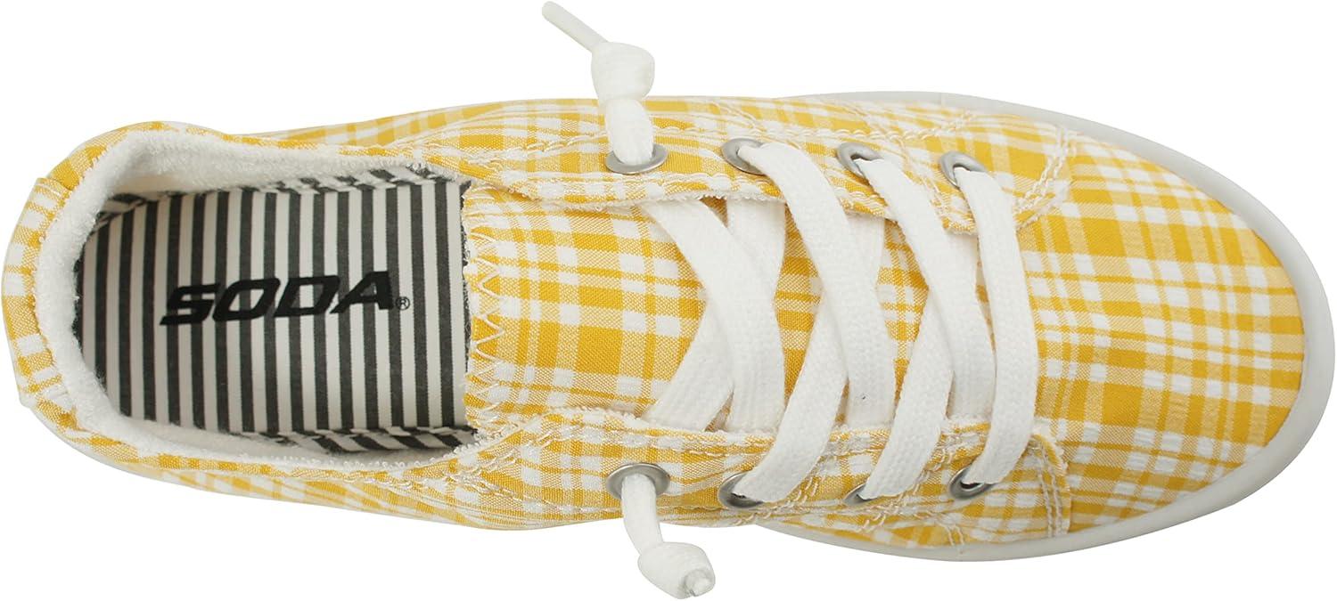 imageSoda Flat Women Shoes Linen Canvas Slip On Sneakers Lace Up Style Loafers ZigSMustardWhite Plaid