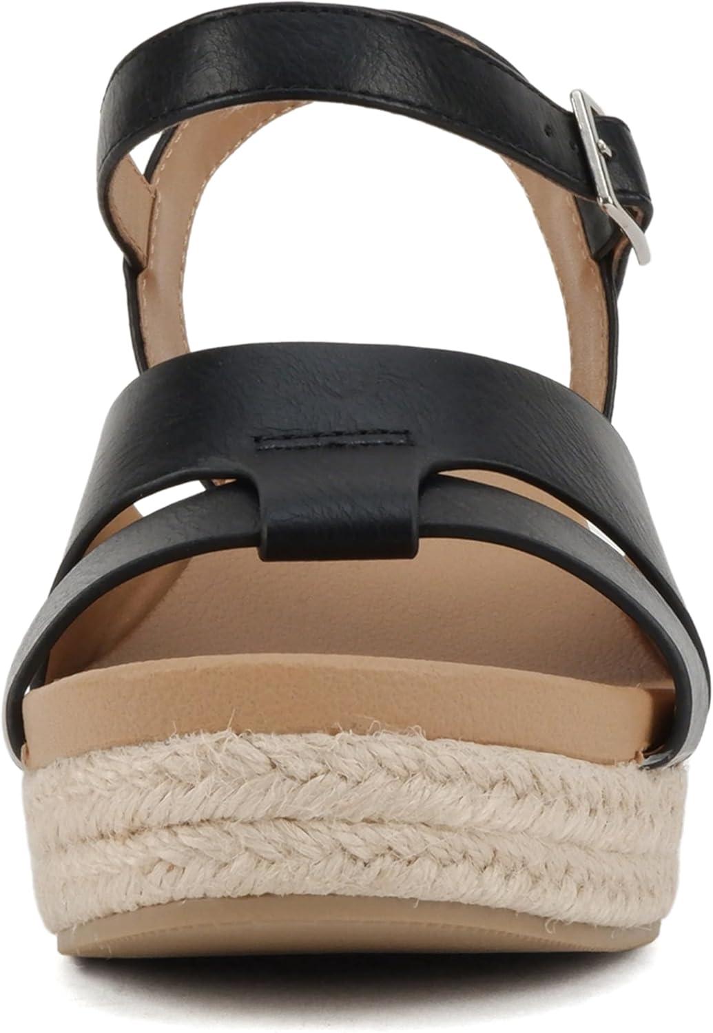 imageSoda Front  Women Round Toe Cross Band Low Heel Espadrille Wedge Sandal with Adjustable Ankle StrapBlack Pu