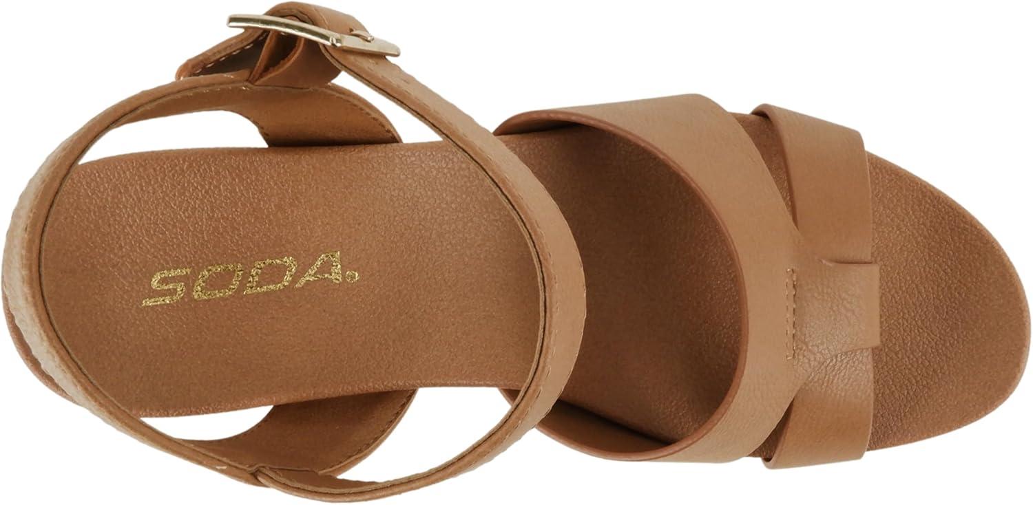 imageSoda Front  Women Round Toe Cross Band Low Heel Espadrille Wedge Sandal with Adjustable Ankle StrapCognac Pu