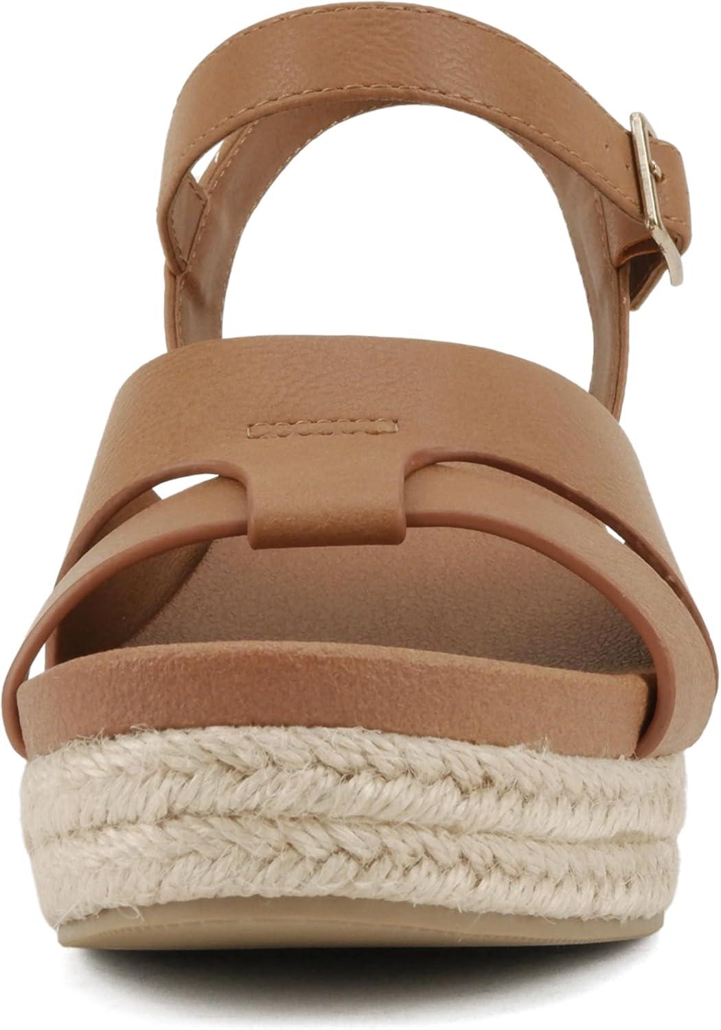imageSoda Front  Women Round Toe Cross Band Low Heel Espadrille Wedge Sandal with Adjustable Ankle StrapCognac Pu