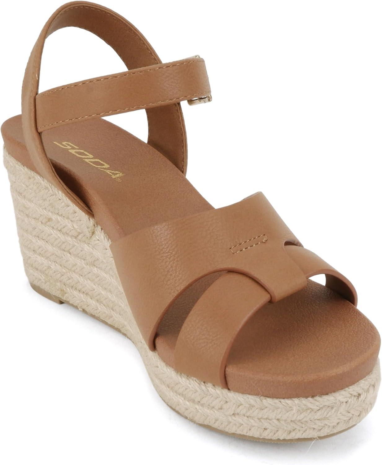 imageSoda Front  Women Round Toe Cross Band Low Heel Espadrille Wedge Sandal with Adjustable Ankle StrapCognac Pu