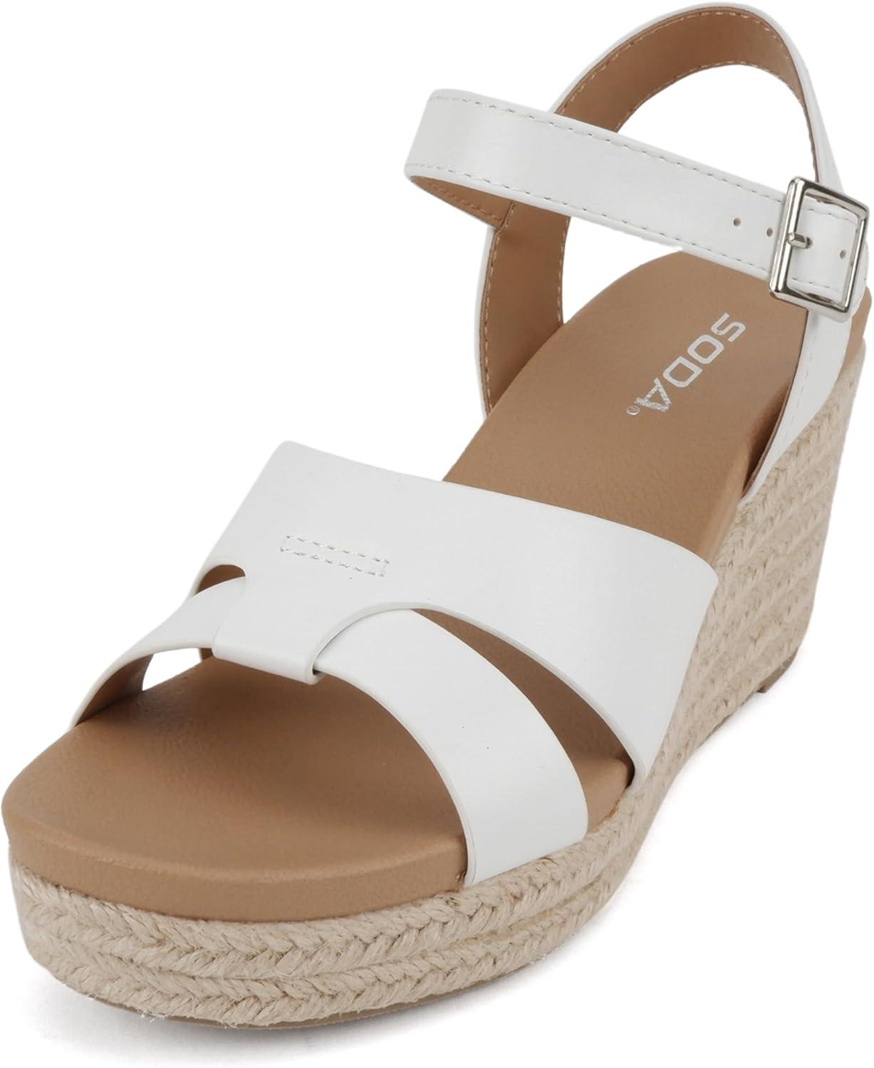 imageSoda Front  Women Round Toe Cross Band Low Heel Espadrille Wedge Sandal with Adjustable Ankle StrapWhite Pu