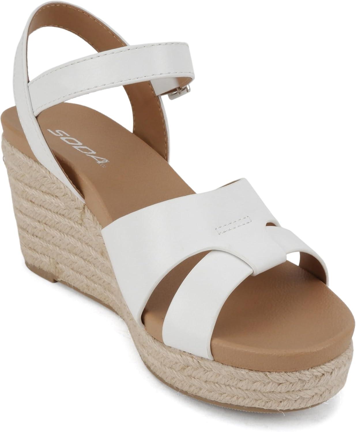 imageSoda Front  Women Round Toe Cross Band Low Heel Espadrille Wedge Sandal with Adjustable Ankle StrapWhite Pu