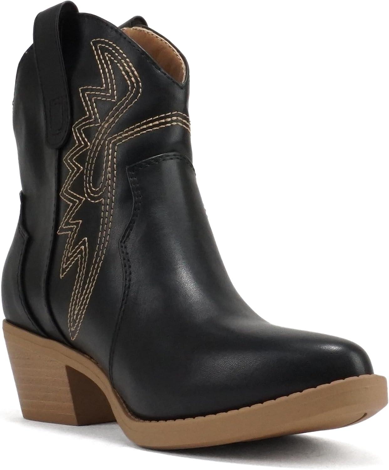 imageSoda GESSO  Women Pointed Toe Stitch SlipOn Low Stack Heel Ankle Western BootBlackNude Pu