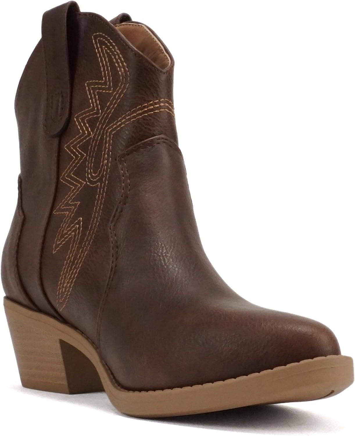 imageSoda GESSO  Women Pointed Toe Stitch SlipOn Low Stack Heel Ankle Western BootBrown Pu