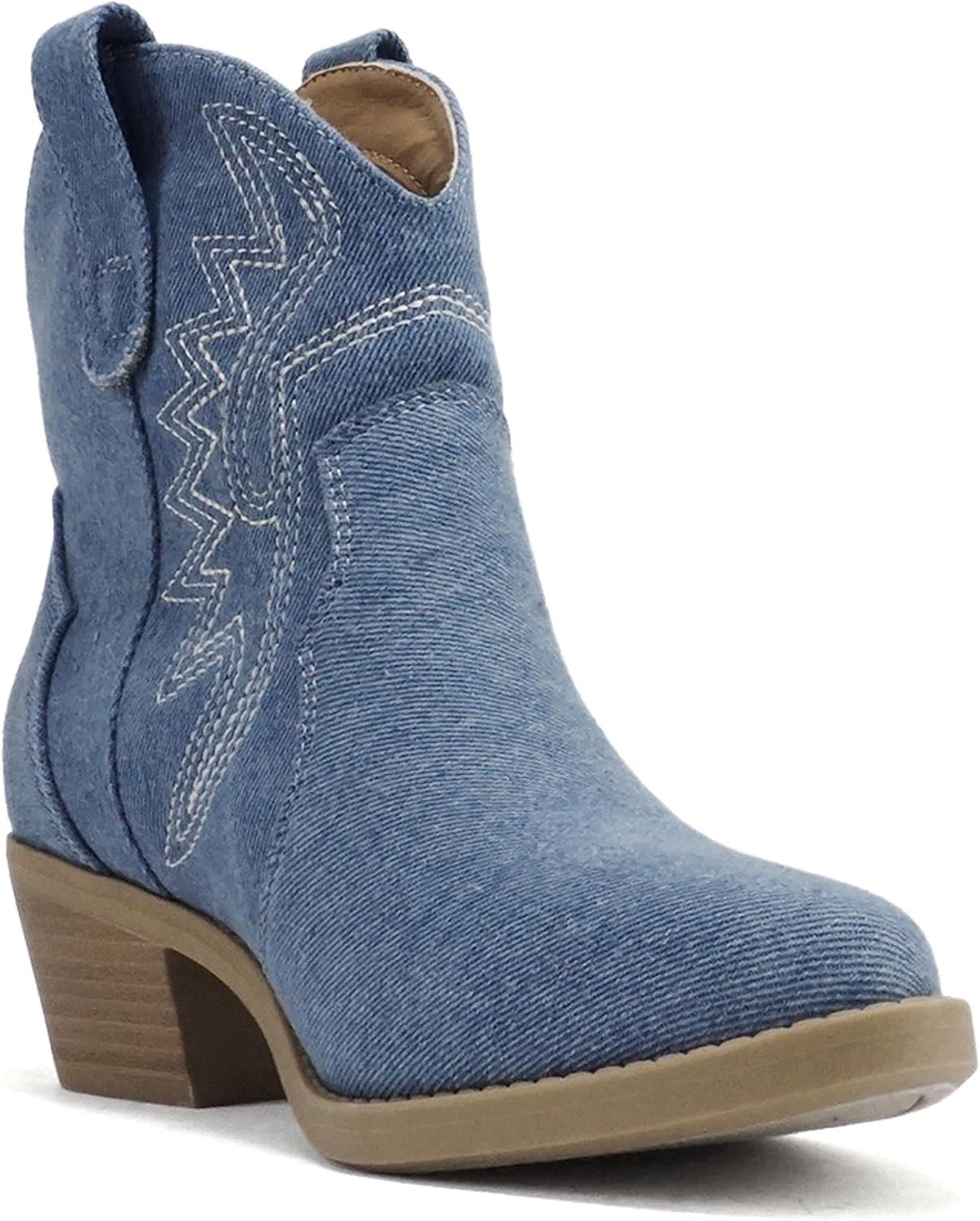 imageSoda GESSO  Women Pointed Toe Stitch SlipOn Low Stack Heel Ankle Western BootDenim Blue