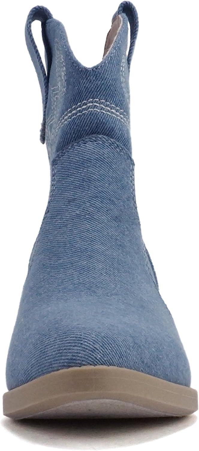 imageSoda GESSO  Women Pointed Toe Stitch SlipOn Low Stack Heel Ankle Western BootDenim Blue