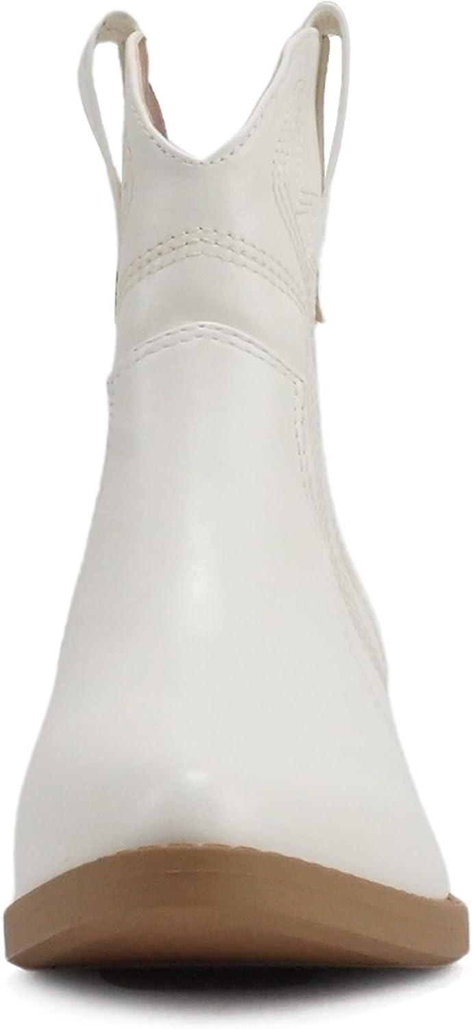 imageSoda GESSO  Women Pointed Toe Stitch SlipOn Low Stack Heel Ankle Western BootWhite Pu