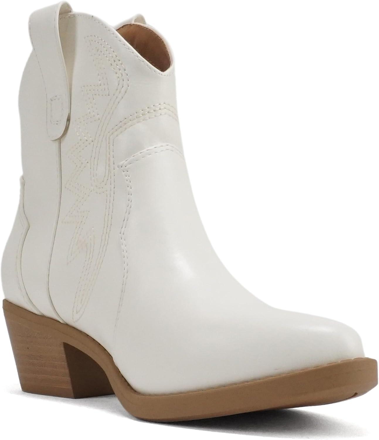 imageSoda GESSO  Women Pointed Toe Stitch SlipOn Low Stack Heel Ankle Western BootWhite Pu