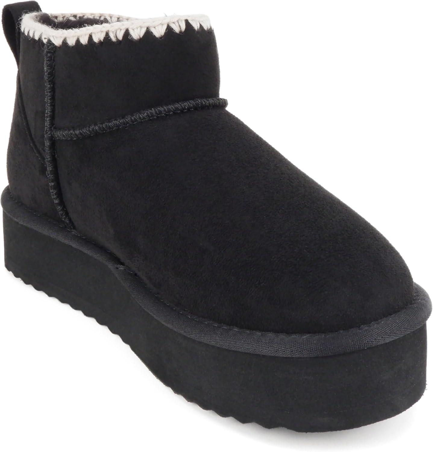 imageSoda Groove  Women Round Toe Lug Sole Low Flatform Sherpalined Ankle Bootie with Stitch DetailBlack Imitation Suede