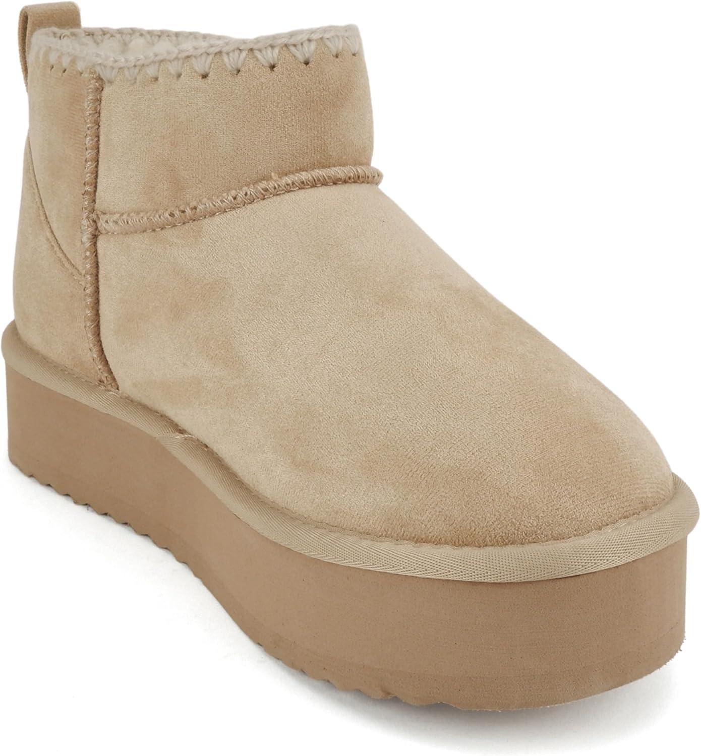 imageSoda Groove  Women Round Toe Lug Sole Low Flatform Sherpalined Ankle Bootie with Stitch DetailOatmeal Imitation Suede