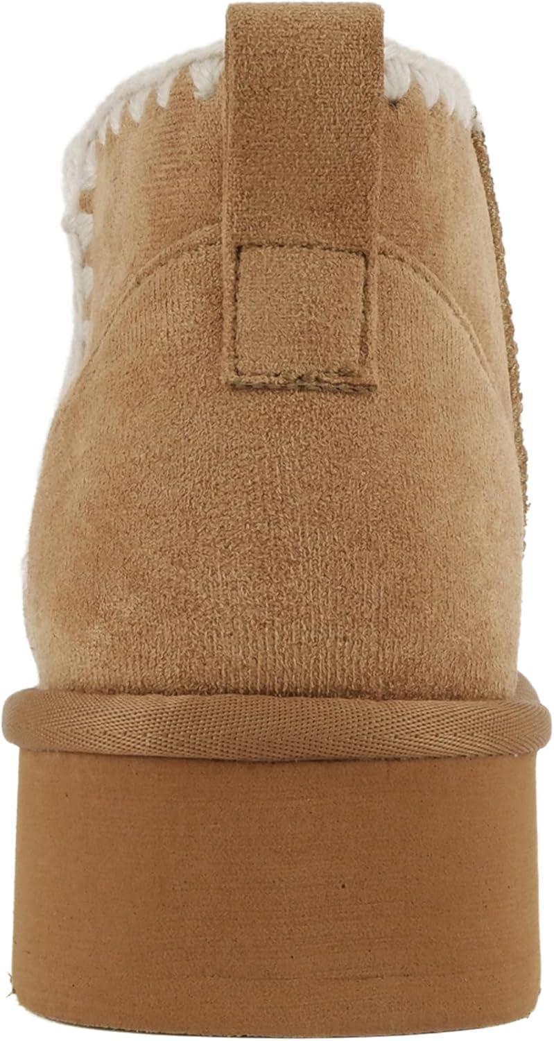 imageSoda Groove  Women Round Toe Lug Sole Low Flatform Sherpalined Ankle Bootie with Stitch DetailTan Imitation Suede