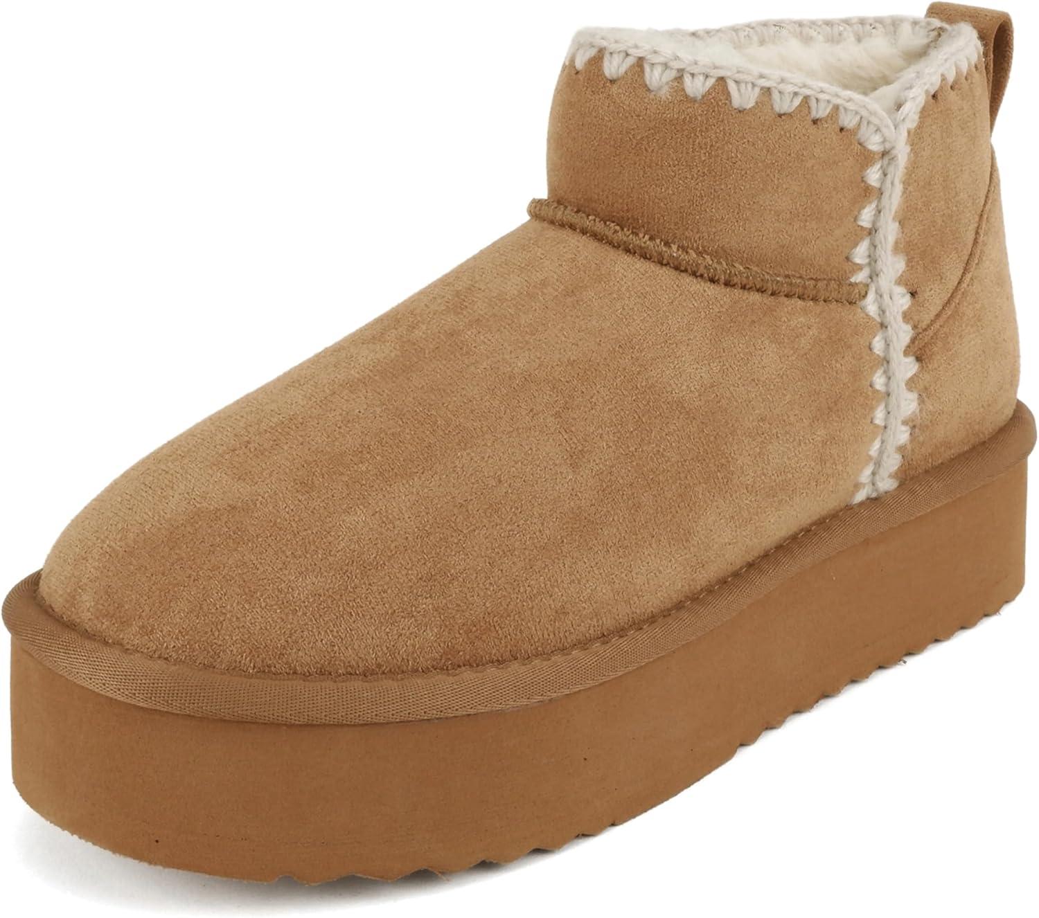 imageSoda Groove  Women Round Toe Lug Sole Low Flatform Sherpalined Ankle Bootie with Stitch DetailTan Imitation Suede