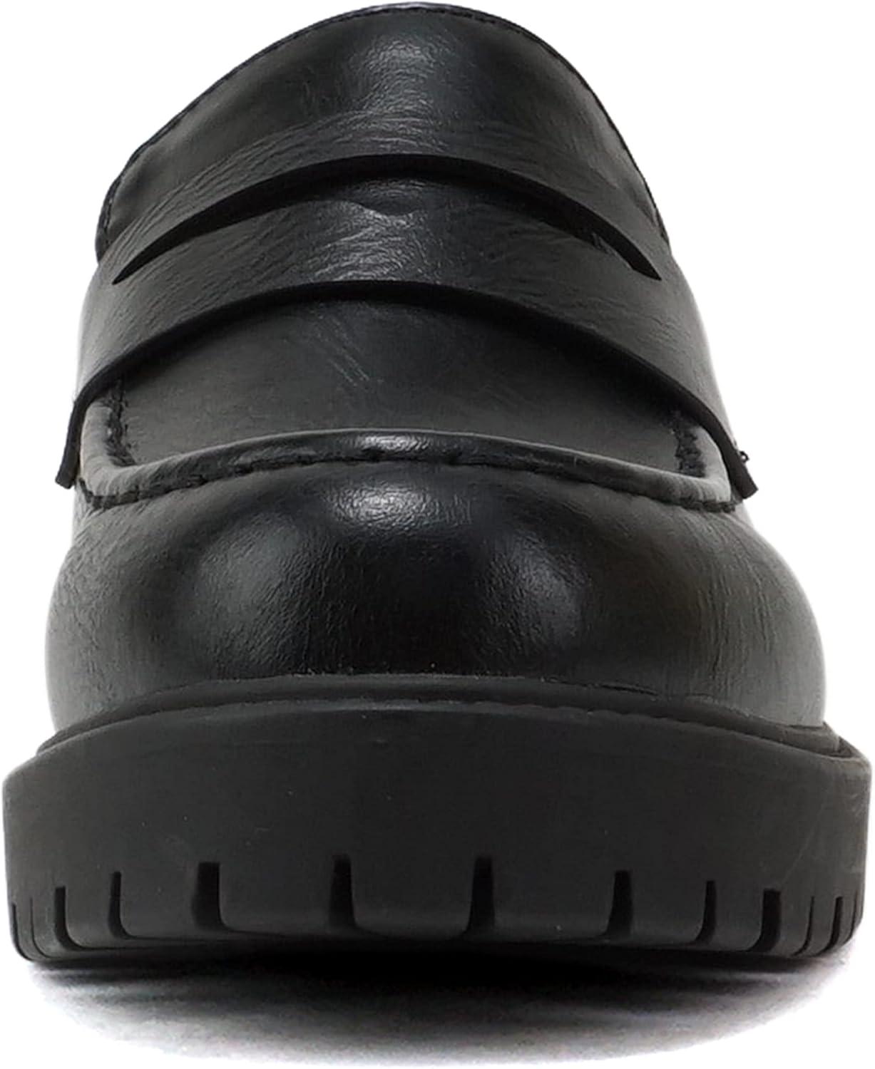 imageSoda HENDER  Women Round Toe Low Heel Lug Sole Platform Penny Loafer ShoeBlack Pu