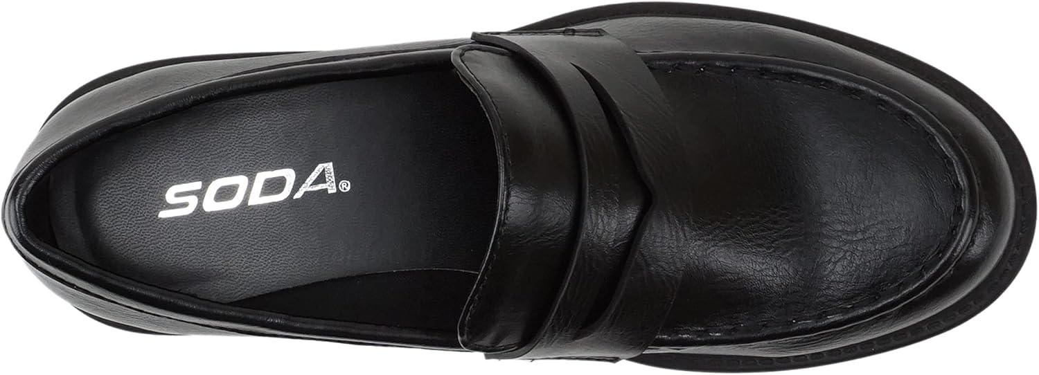 imageSoda HENDER  Women Round Toe Low Heel Lug Sole Platform Penny Loafer ShoeBlack Pu