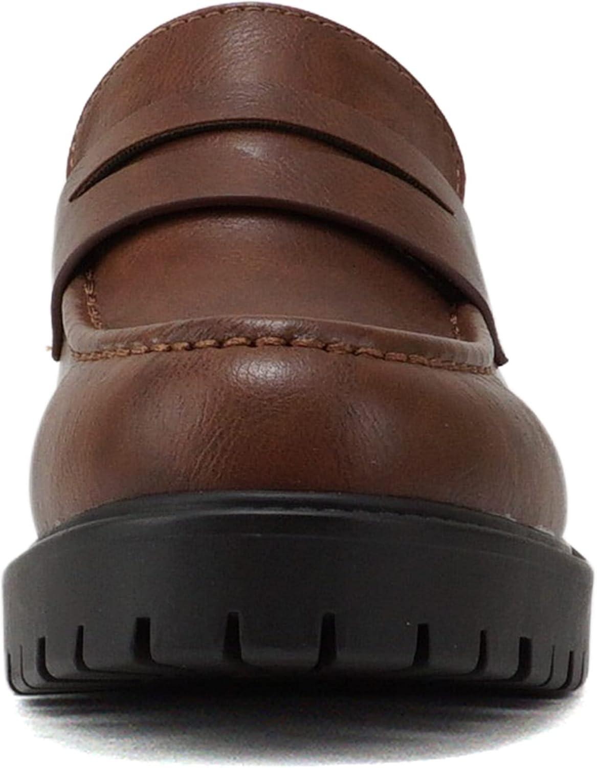 imageSoda HENDER  Women Round Toe Low Heel Lug Sole Platform Penny Loafer ShoeCognac Pu