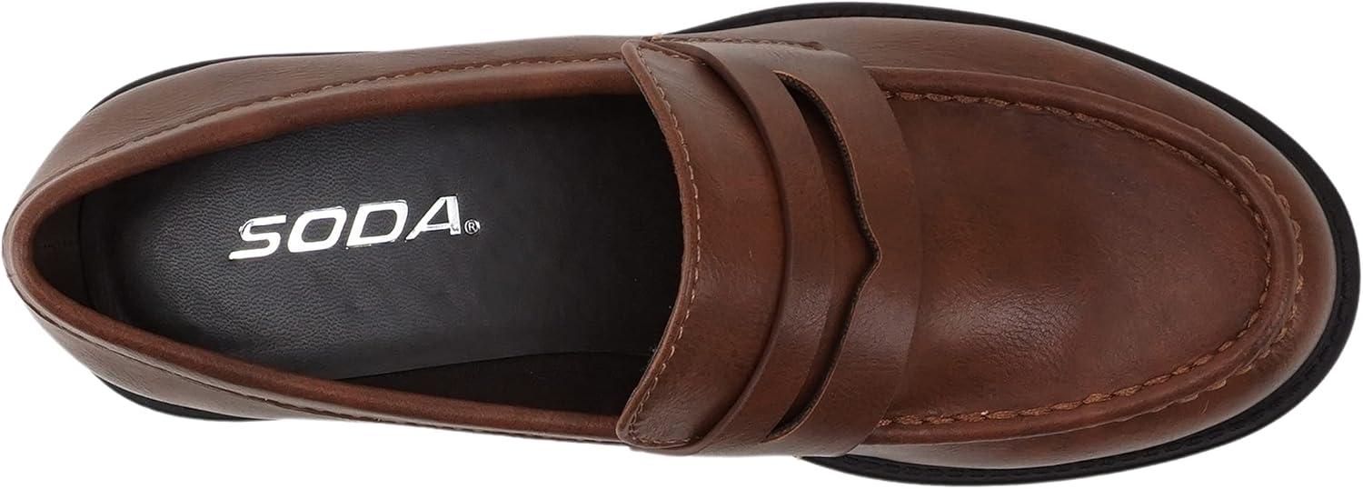 imageSoda HENDER  Women Round Toe Low Heel Lug Sole Platform Penny Loafer ShoeCognac Pu