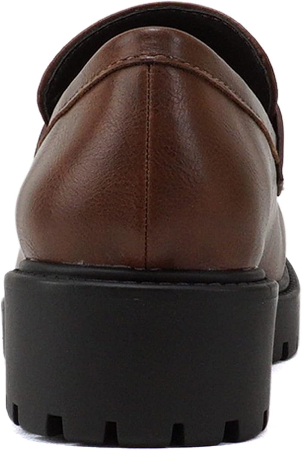 imageSoda HENDER  Women Round Toe Low Heel Lug Sole Platform Penny Loafer ShoeCognac Pu