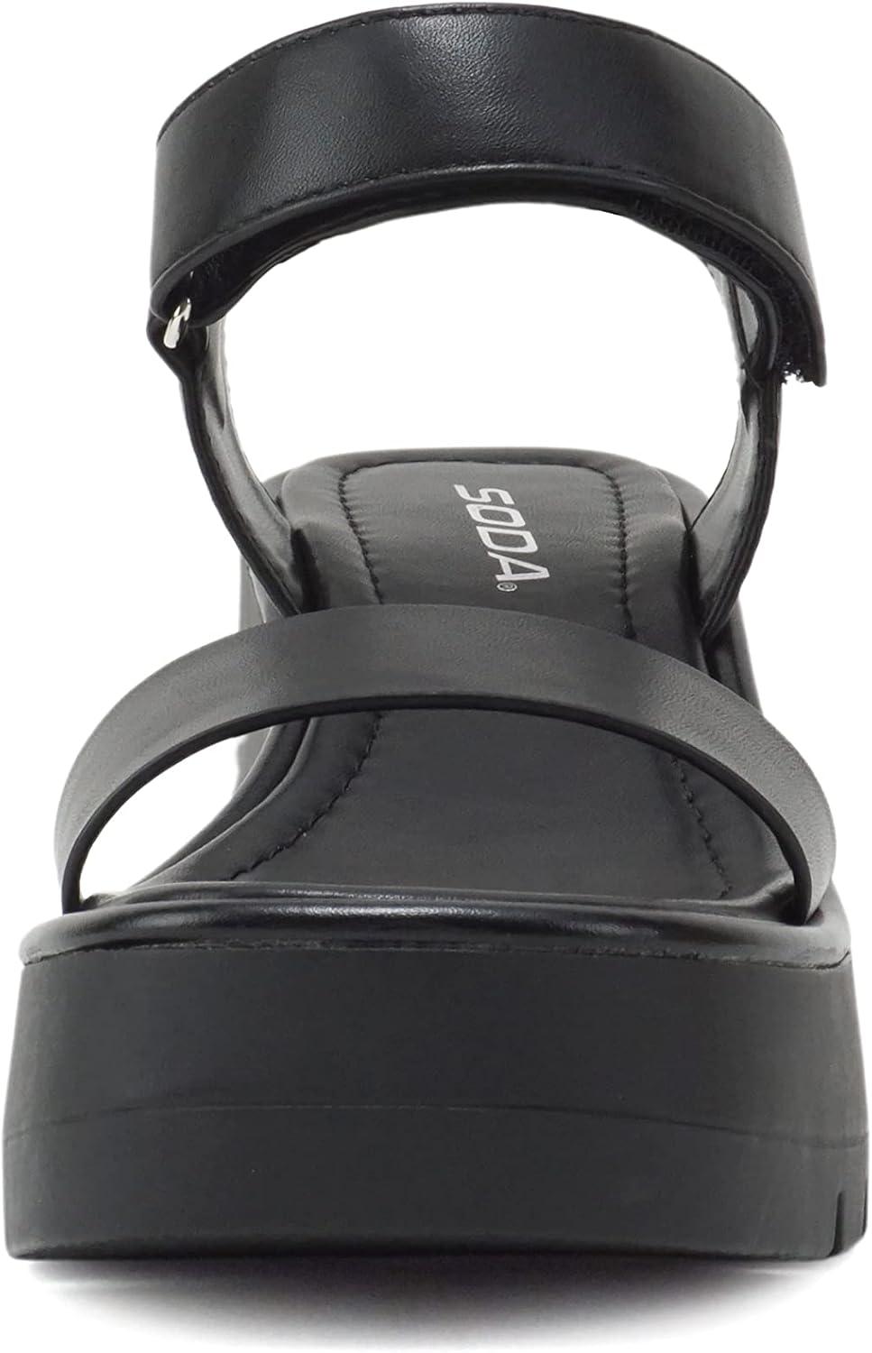 imageSoda HITTO  Women Open Square Toe Single Band Hook ampamp Loop Ankle Strap Lug Sole Wedge SandalBlack Pu