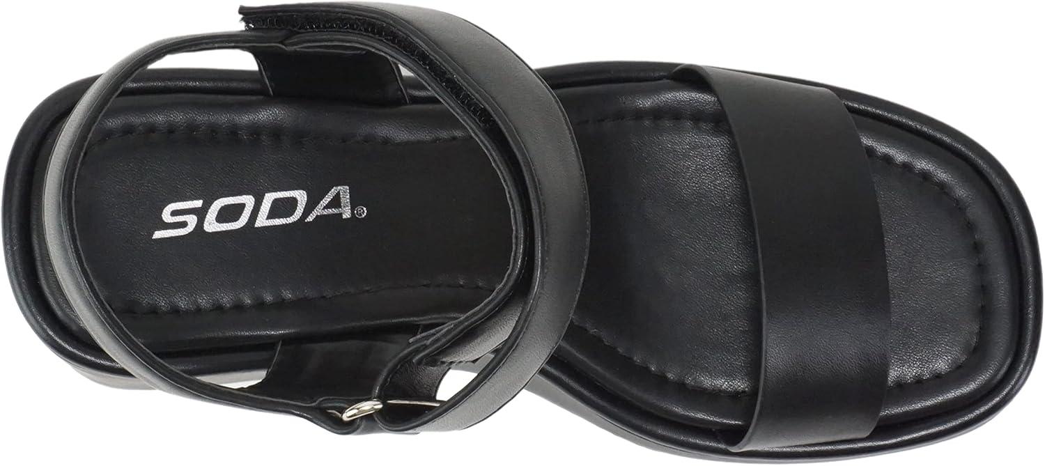 imageSoda HITTO  Women Open Square Toe Single Band Hook ampamp Loop Ankle Strap Lug Sole Wedge SandalBlack Pu