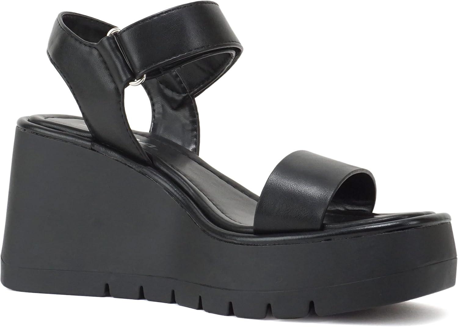 imageSoda HITTO  Women Open Square Toe Single Band Hook ampamp Loop Ankle Strap Lug Sole Wedge SandalBlack Pu