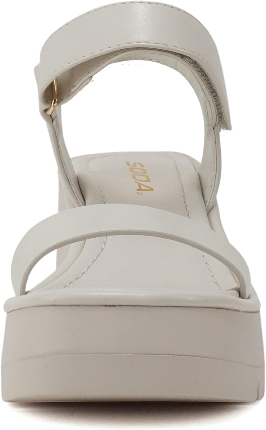 imageSoda HITTO  Women Open Square Toe Single Band Hook ampamp Loop Ankle Strap Lug Sole Wedge SandalOff White Pu