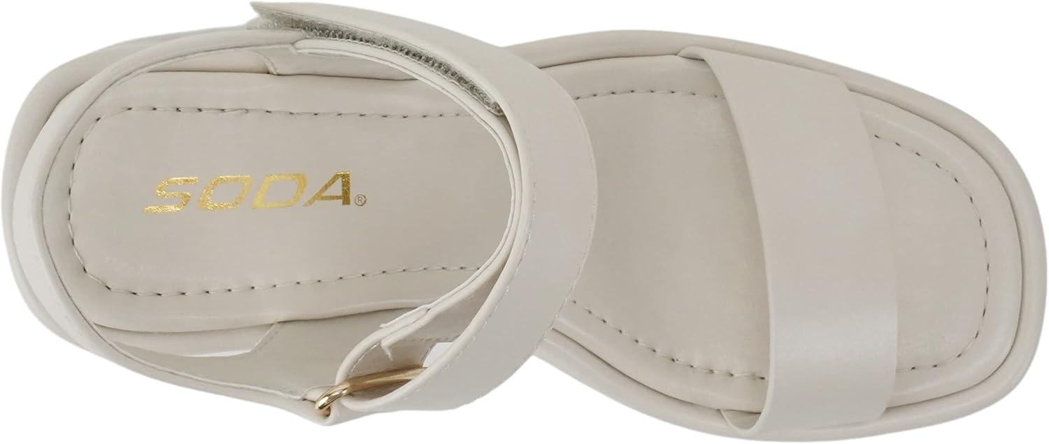 imageSoda HITTO  Women Open Square Toe Single Band Hook ampamp Loop Ankle Strap Lug Sole Wedge SandalOff White Pu