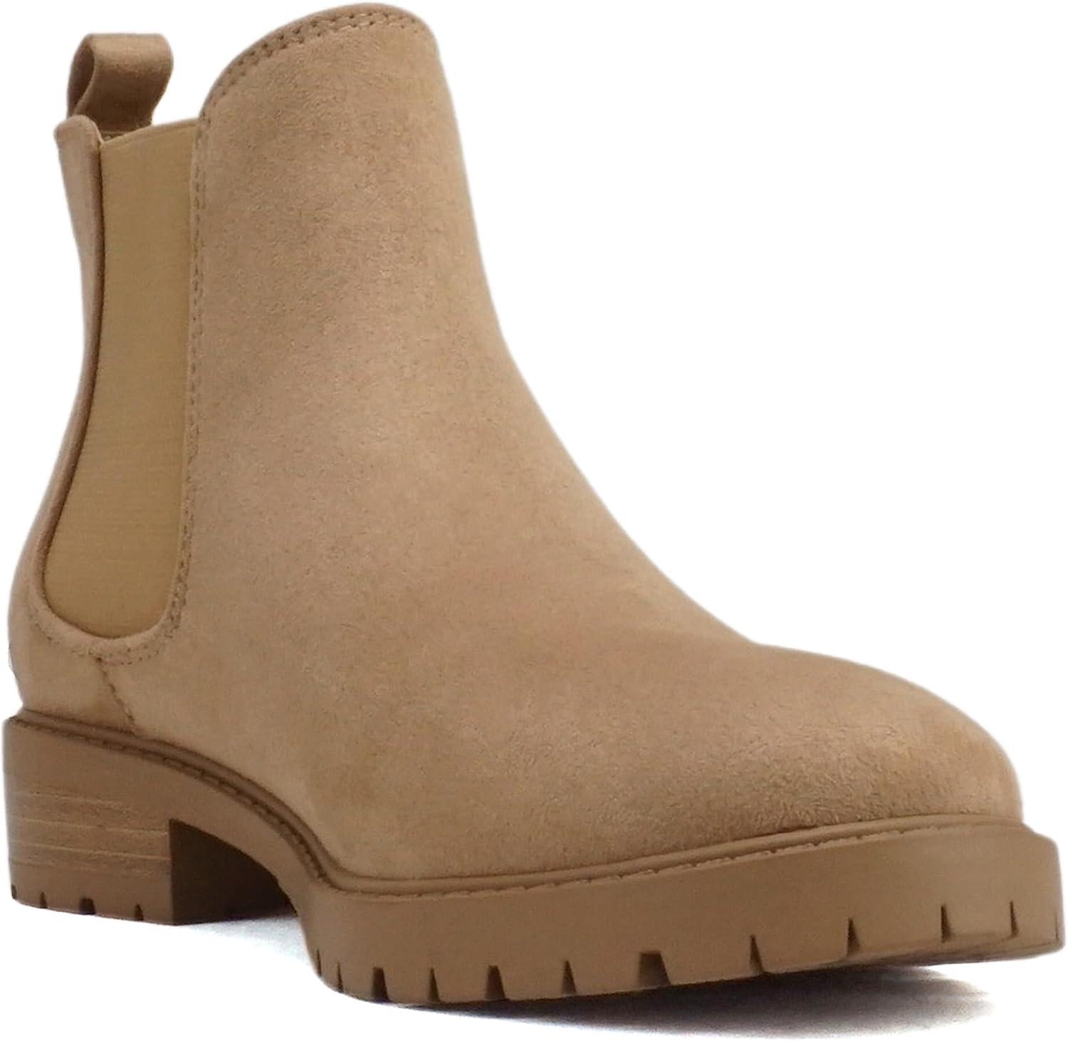 imageSoda HOPPER  Women Round Toe Double Elastic Gore Lug Sole Low Heel Chelsea Ankle Boot BootieCamel Imitation Suede