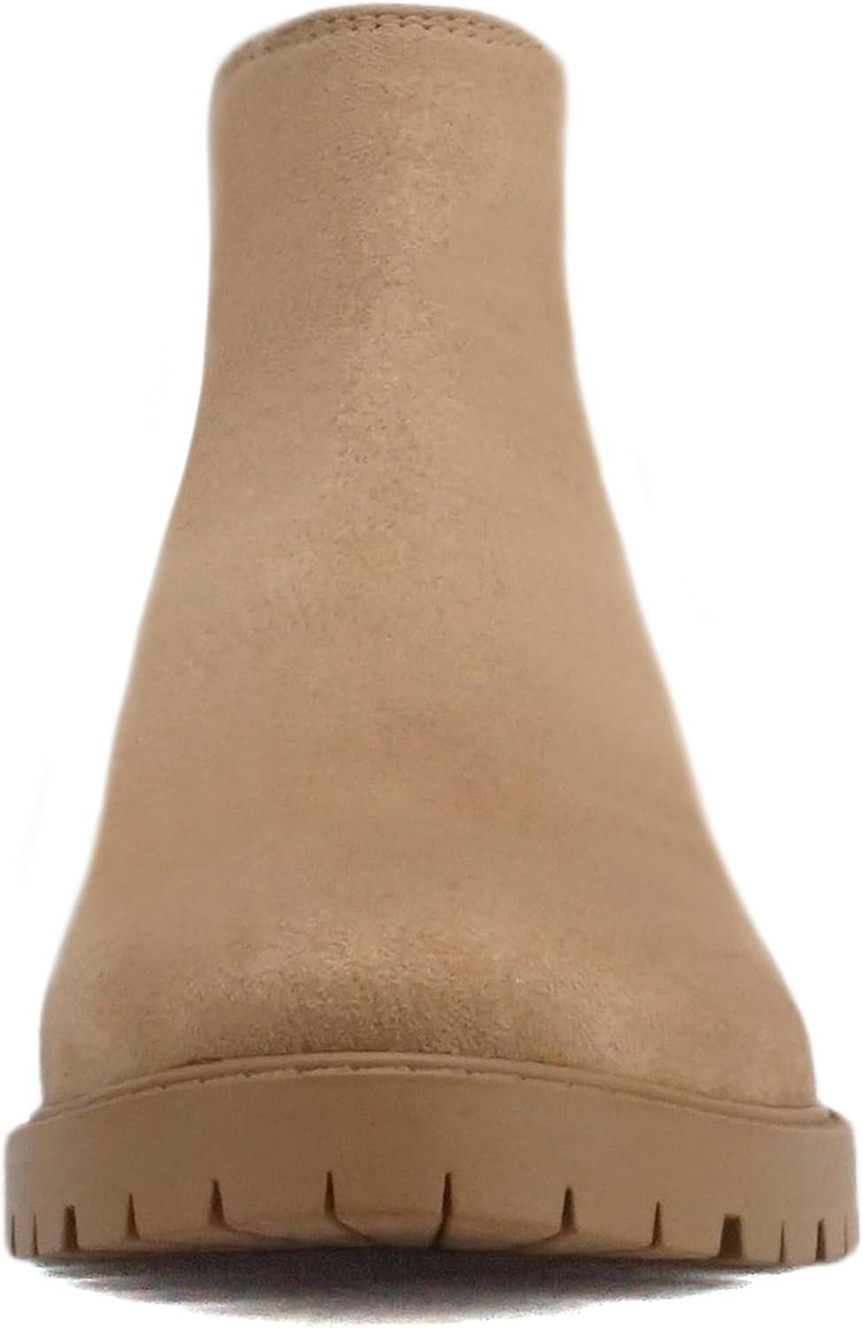 imageSoda HOPPER  Women Round Toe Double Elastic Gore Lug Sole Low Heel Chelsea Ankle Boot BootieCamel Imitation Suede