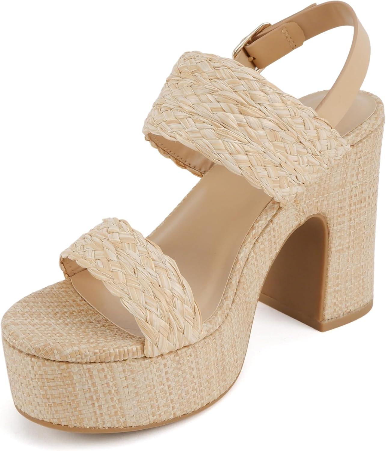 imageSoda Home  Women Round Toe Raffia Upper High Heel Platform Wedge Sandal with Adjustable Ankle StrapBeige Raffia