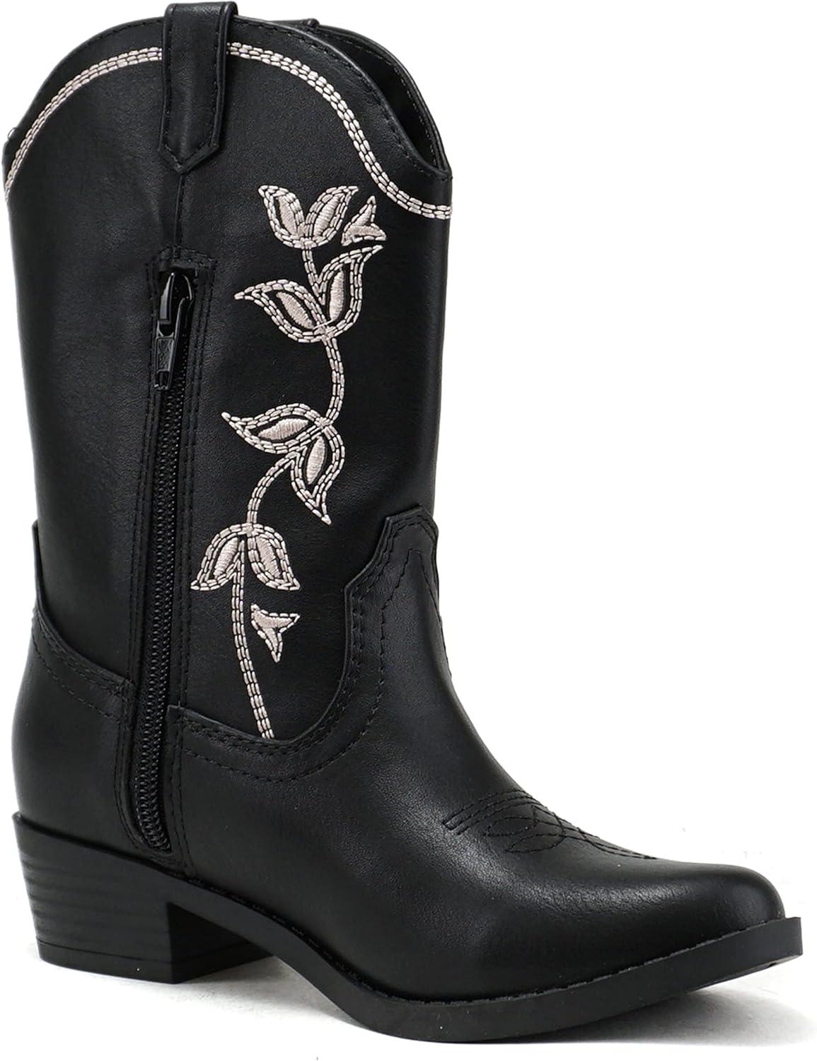 imageSoda INCH2 KidsGirlsChildren Western Cowboy Stitched Pointe Toe Block Low Heel Ankle Mid Shaft Fashion BootsBlack Pu
