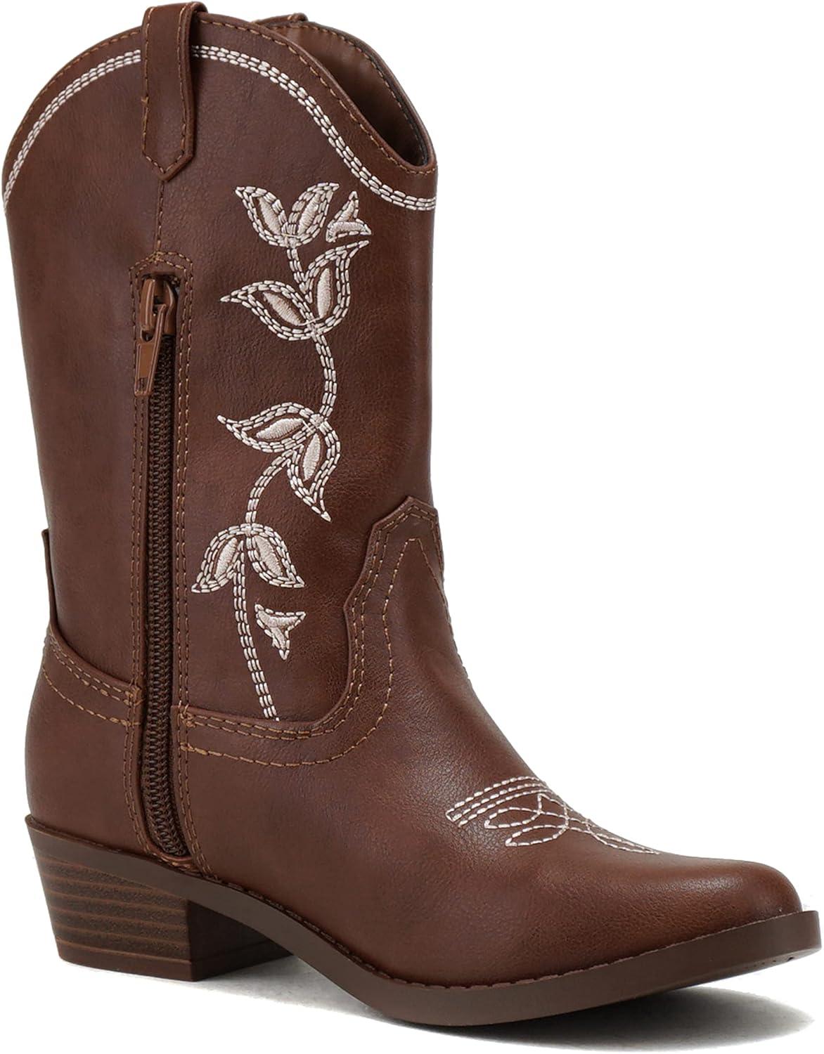imageSoda INCH2 KidsGirlsChildren Western Cowboy Stitched Pointe Toe Block Low Heel Ankle Mid Shaft Fashion BootsDtan Pu