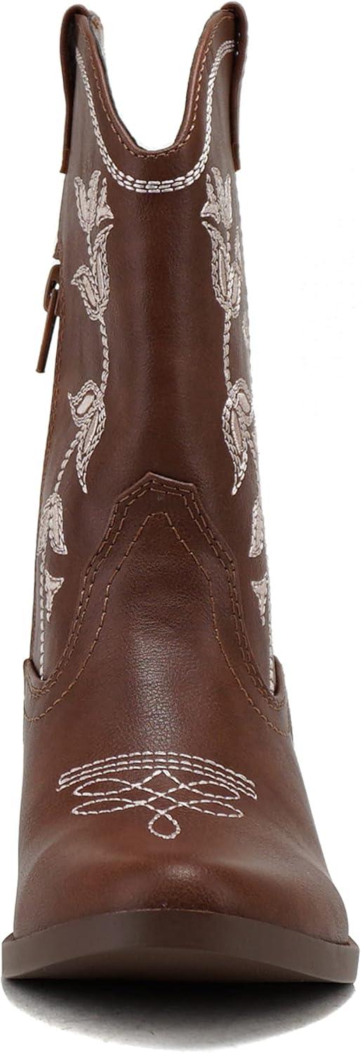 imageSoda INCH2 KidsGirlsChildren Western Cowboy Stitched Pointe Toe Block Low Heel Ankle Mid Shaft Fashion BootsDtan Pu