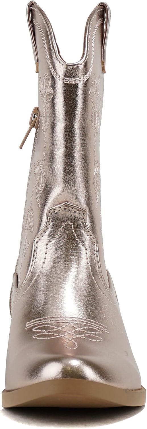 imageSoda INCH2 KidsGirlsChildren Western Cowboy Stitched Pointe Toe Block Low Heel Ankle Mid Shaft Fashion BootsSogold Metallic Pu