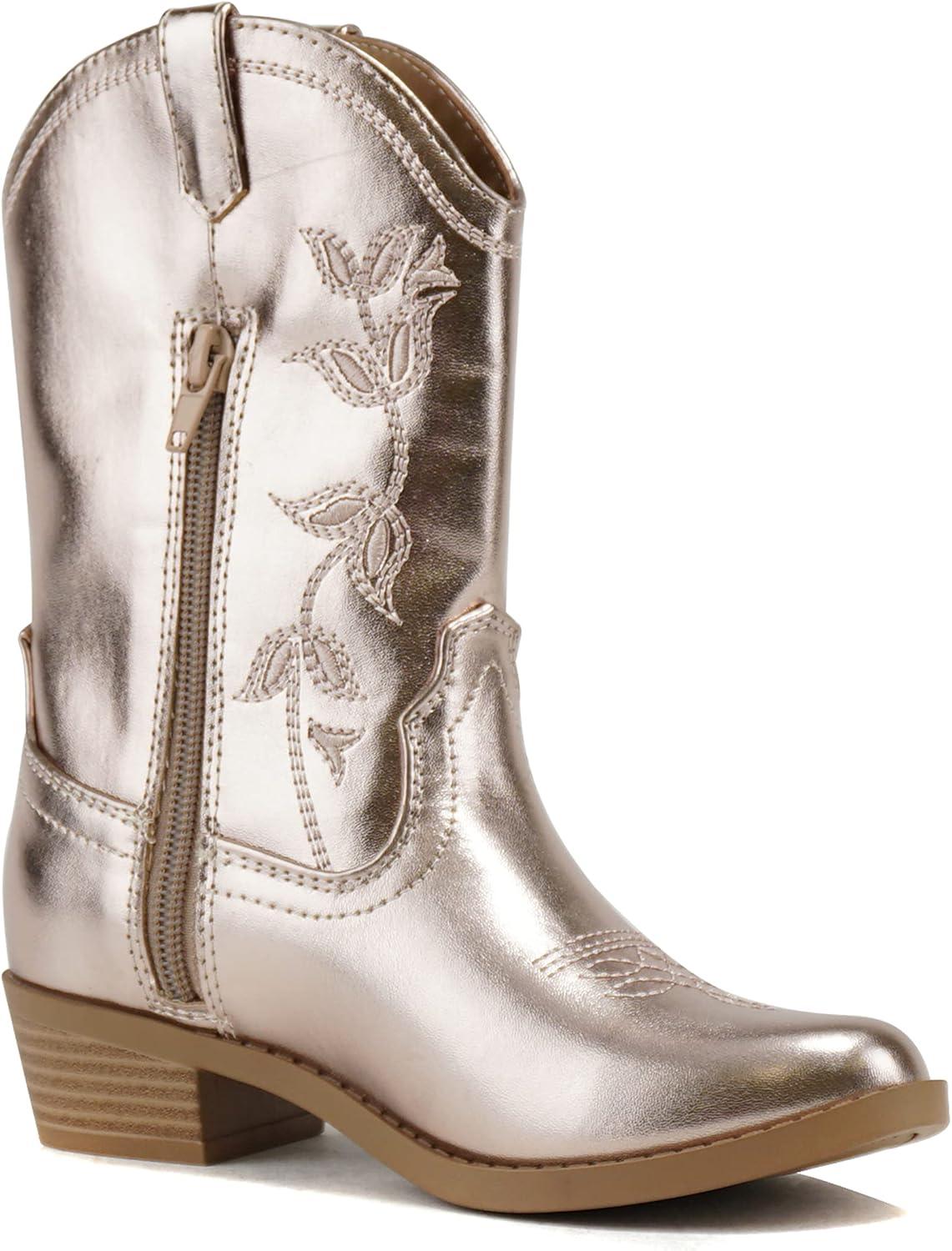 imageSoda INCH2 KidsGirlsChildren Western Cowboy Stitched Pointe Toe Block Low Heel Ankle Mid Shaft Fashion BootsSogold Metallic Pu