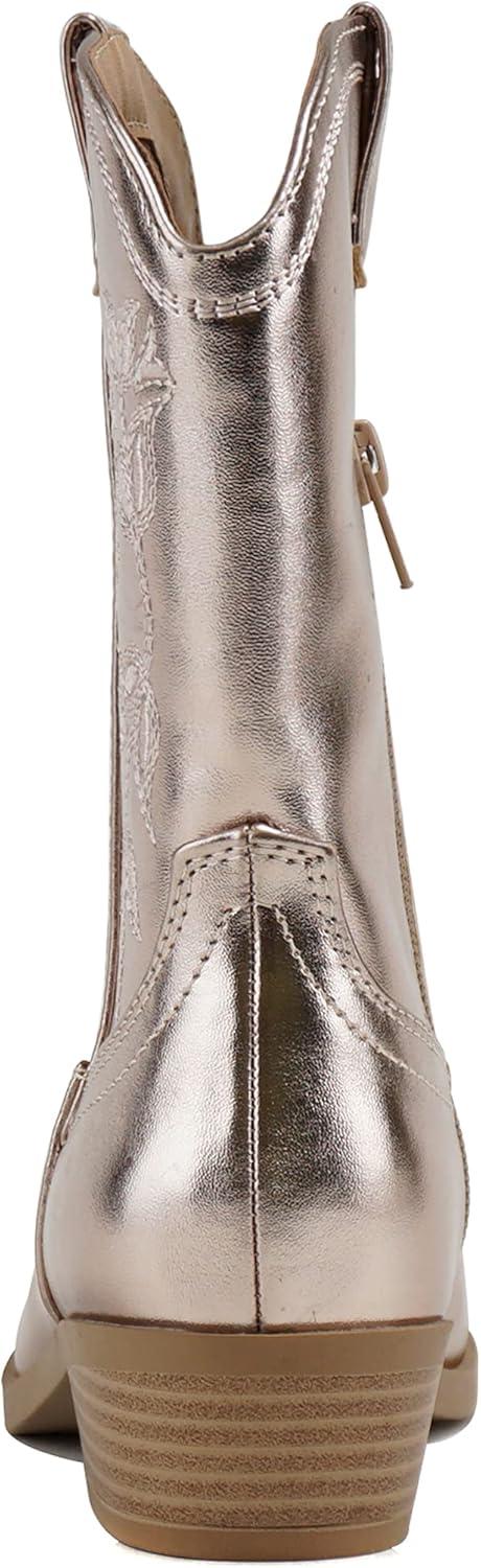 imageSoda INCH2 KidsGirlsChildren Western Cowboy Stitched Pointe Toe Block Low Heel Ankle Mid Shaft Fashion BootsSogold Metallic Pu