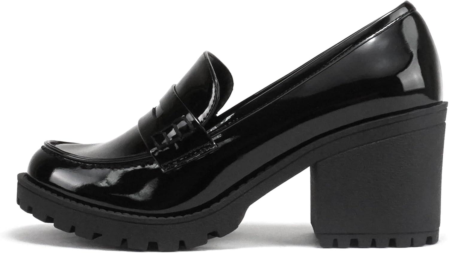 imageSoda Kinder  Women Slip On Chunky Mid Heel Lug Sole Penny Loafer ShoeBlack Patent