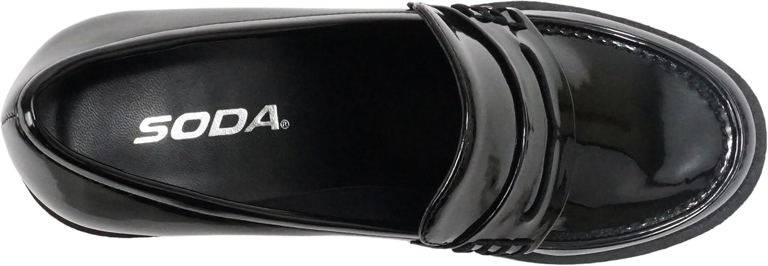 imageSoda Kinder  Women Slip On Chunky Mid Heel Lug Sole Penny Loafer ShoeBlack Patent