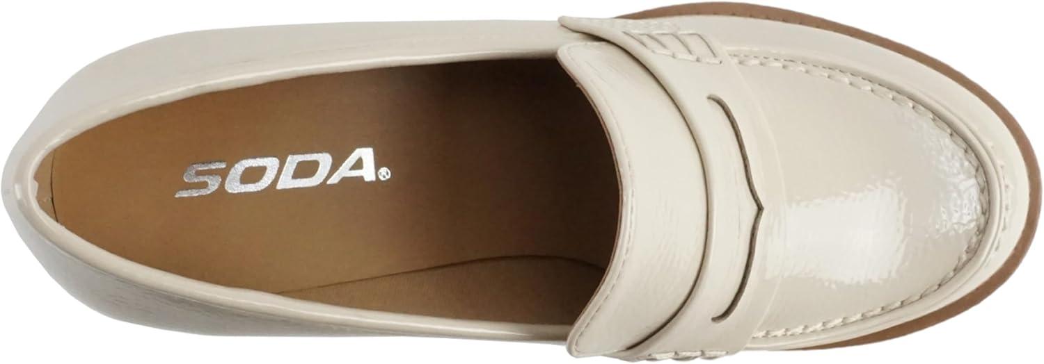 imageSoda Kinder  Women Slip On Chunky Mid Heel Lug Sole Penny Loafer ShoeBone Patent