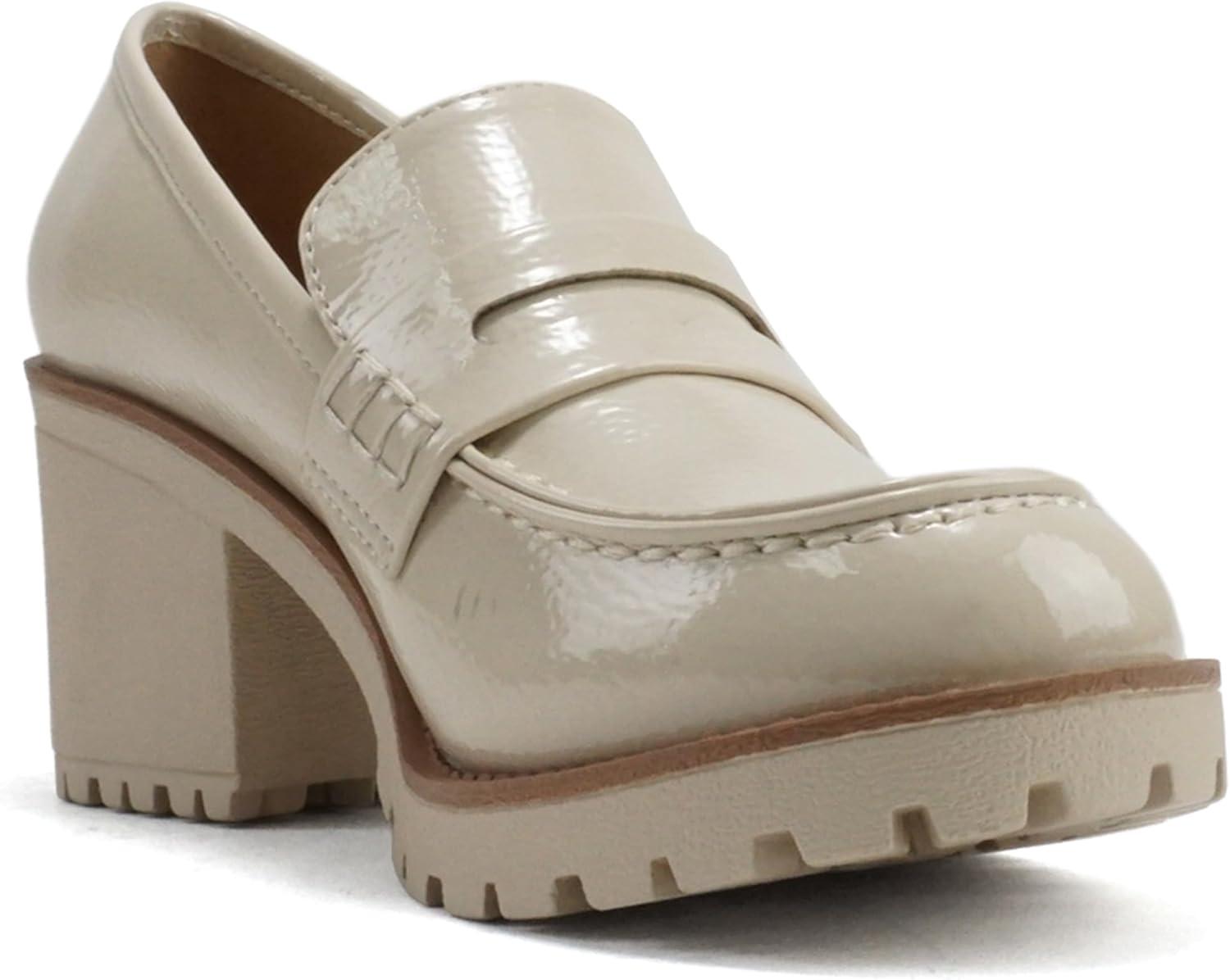 imageSoda Kinder  Women Slip On Chunky Mid Heel Lug Sole Penny Loafer ShoeBone Patent