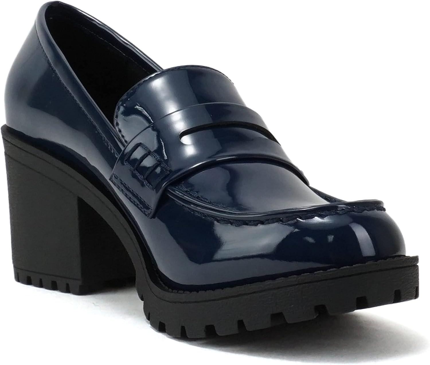 imageSoda Kinder  Women Slip On Chunky Mid Heel Lug Sole Penny Loafer ShoeNavy Patent