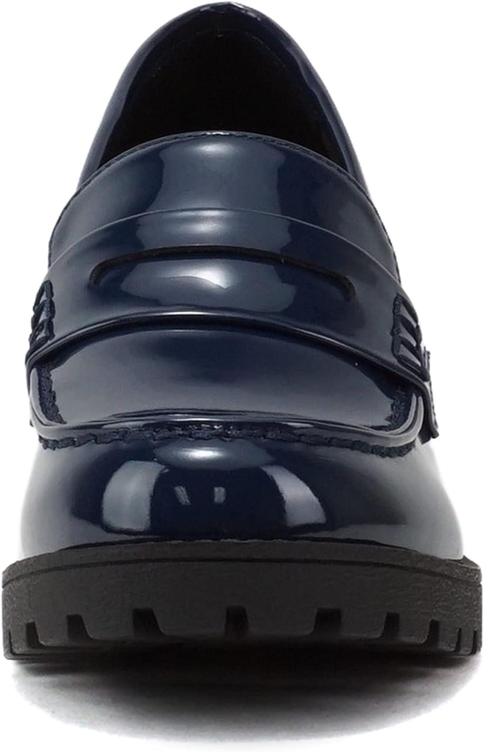 imageSoda Kinder  Women Slip On Chunky Mid Heel Lug Sole Penny Loafer ShoeNavy Patent