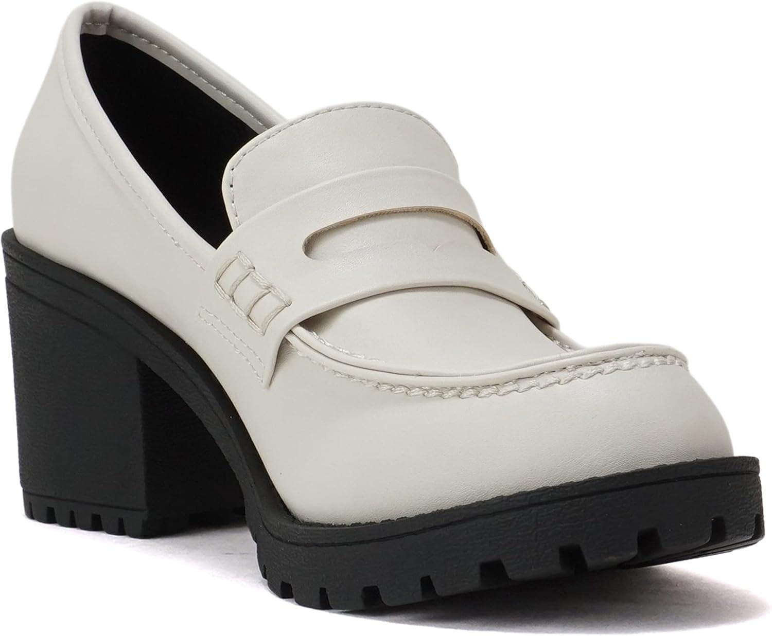 imageSoda Kinder  Women Slip On Chunky Mid Heel Lug Sole Penny Loafer ShoeOff White Pu