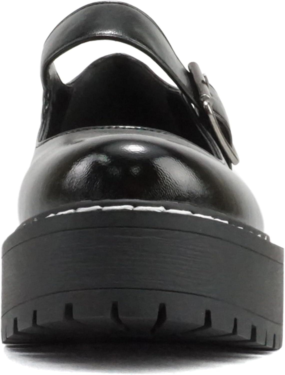 imageSoda LOAF  Women Round Toe Lug Sole Low Platform Heel Mary Jane Pump Shoe with Adjustable Ankle StrapBlack Metallic Pu